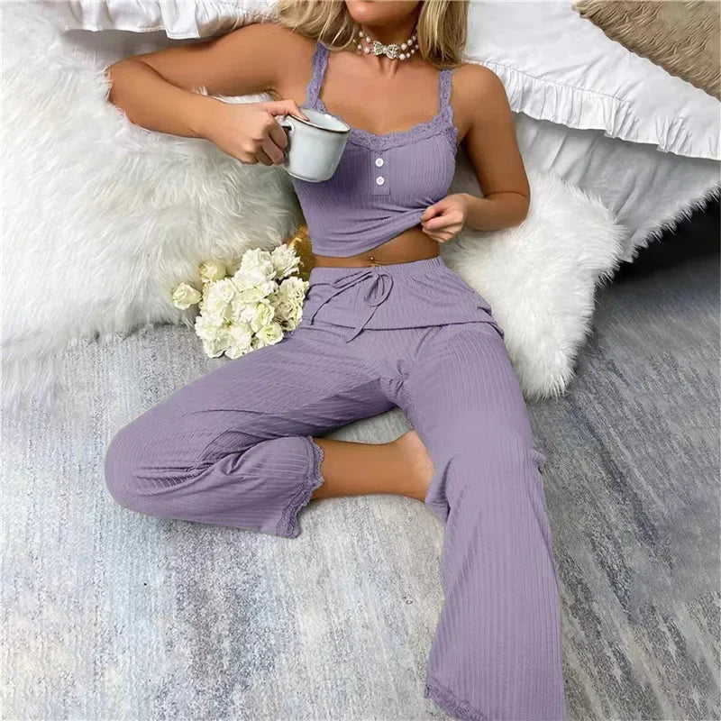 Spring Autumn Two Piece Pajamas Set for Women Sleepwear Lace Suspenders Tops and Long Trousers Sets Pijamas Loungewear
