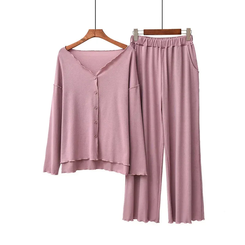 Japanese new style cotton pajamas suit ladies spring and autumn cardigan solid color long-sleeved trousers home service suit