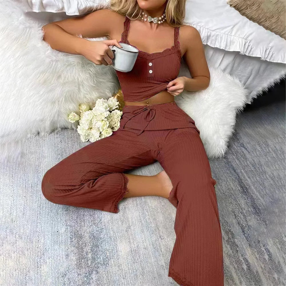 Autumn and winter new sleepwear set for European and American women fashionable and simple casual home wear sexy lace suspender