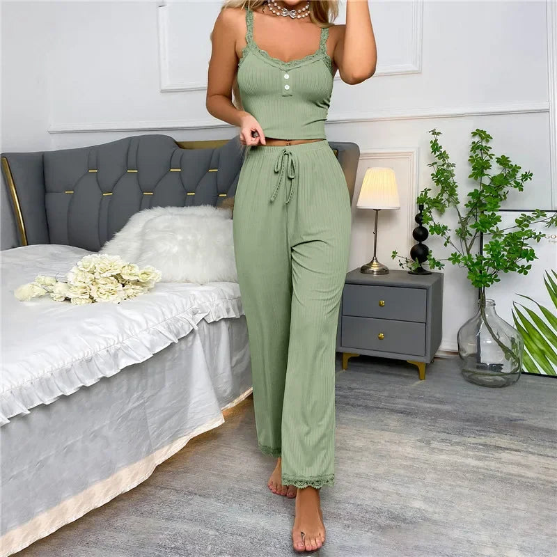 Spring Autumn Two Piece Pajamas Set for Women Sleepwear Lace Suspenders Tops and Long Trousers Sets Pijamas Loungewear