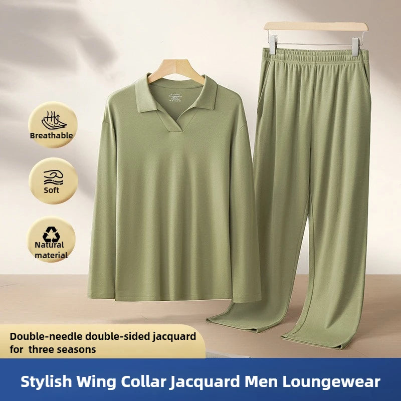 Men Pajama Sets Winter Luxury Jacquard Loungewear Long Sleeve Nightwear Bamboo Fiber Sleepwear Home Street Men Pijamas