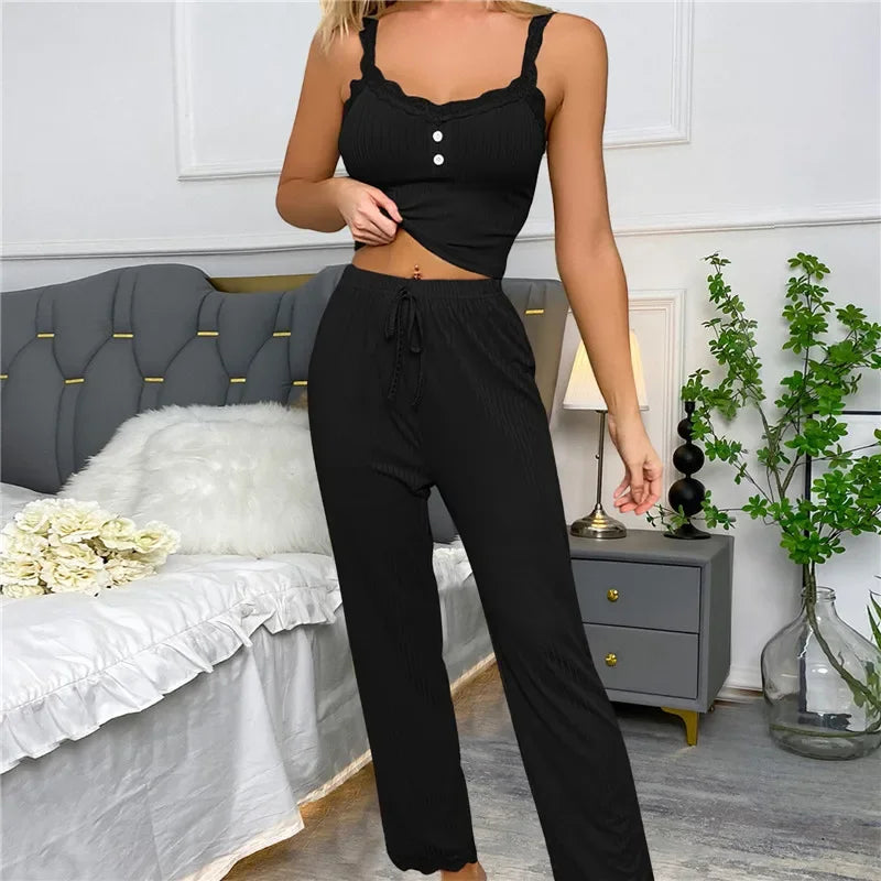 Spring Autumn Two Piece Pajamas Set for Women Sleepwear Lace Suspenders Tops and Long Trousers Sets Pijamas Loungewear