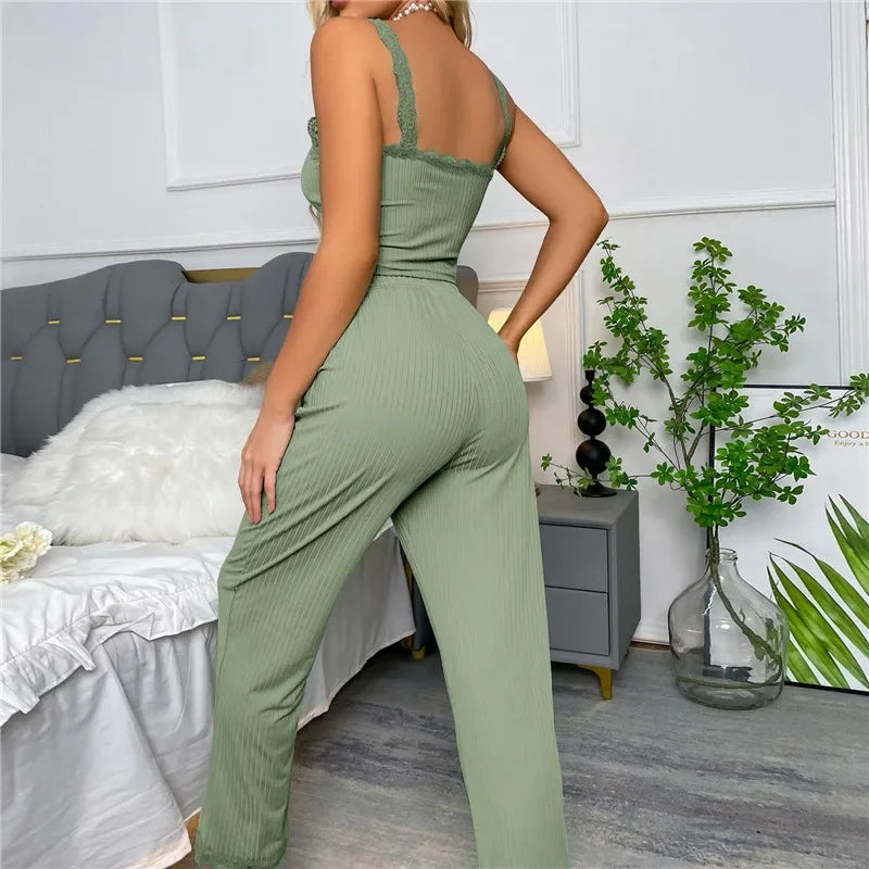 Spring Autumn Two Piece Pajamas Set for Women Sleepwear Lace Suspenders Tops and Long Trousers Sets Pijamas Loungewear