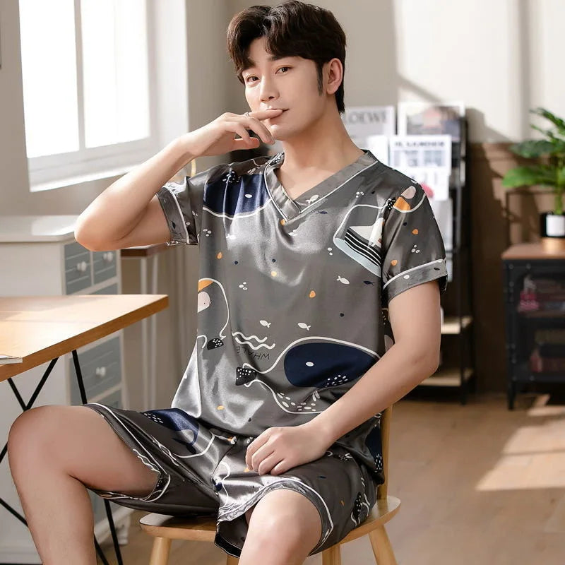Pajamas Men Ice Silk Short-Sleeved Student Homewear Two-Piece Set of Easy-to-Clean Short-Sleeved Shorts Nightwear Loungewear