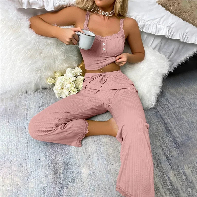Spring Autumn Two Piece Pajamas Set for Women Sleepwear Lace Suspenders Tops and Long Trousers Sets Pijamas Loungewear