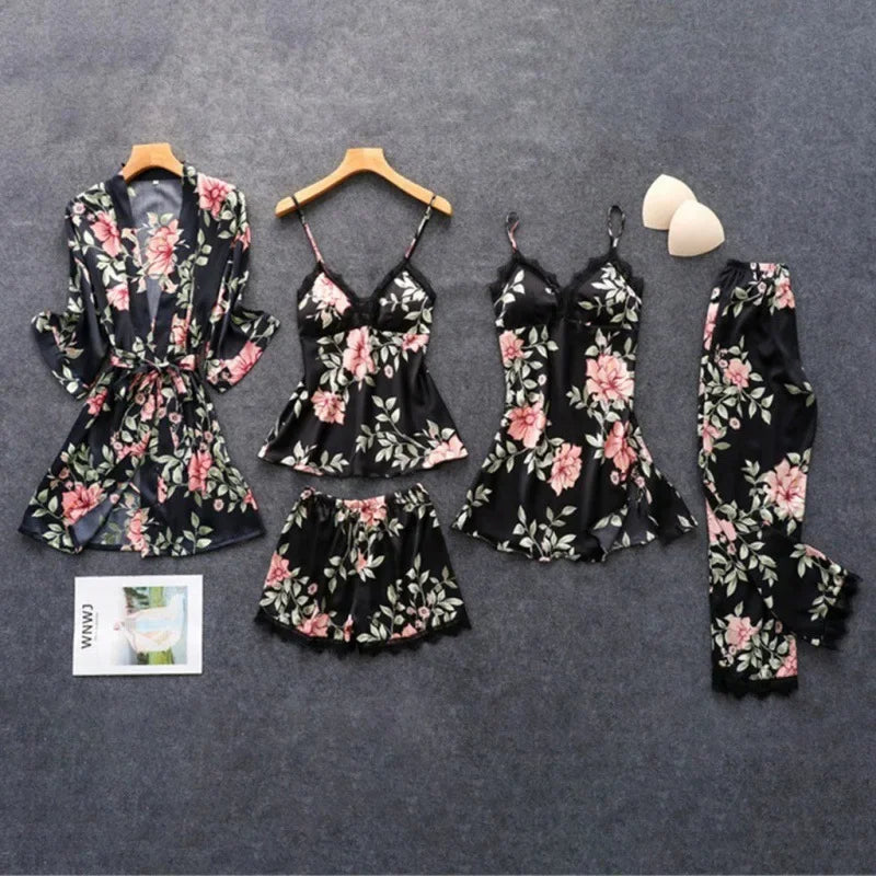 Pajamas for Women Summer Sexy Pajamas Five-piece Set Suspender Pajamas for Women Home Wear with Chest Pad Bathrobe