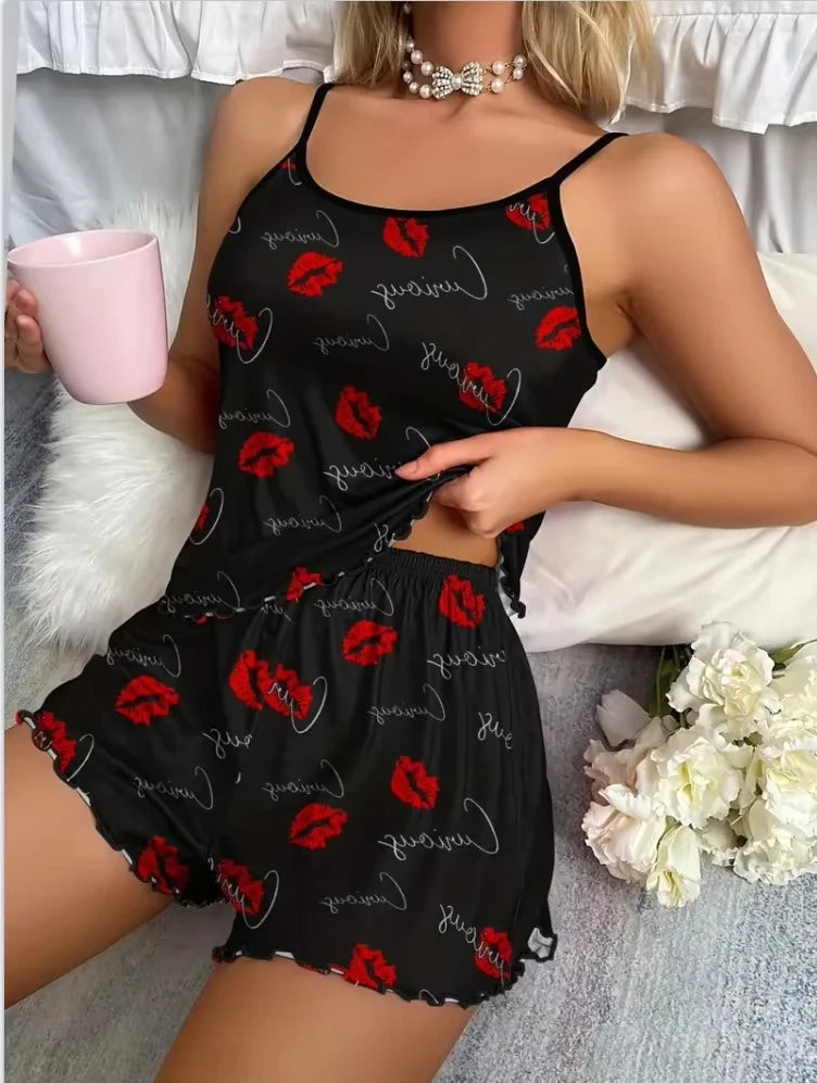 2025New Women's Leopard Print Printed Suspender Top and Elastic Waist Shorts Women's Sexy Casual Home Summer Pajama Set