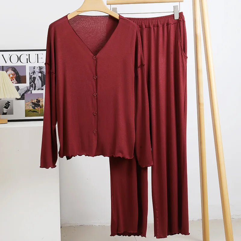 Japanese new style cotton pajamas suit ladies spring and autumn cardigan solid color long-sleeved trousers home service suit
