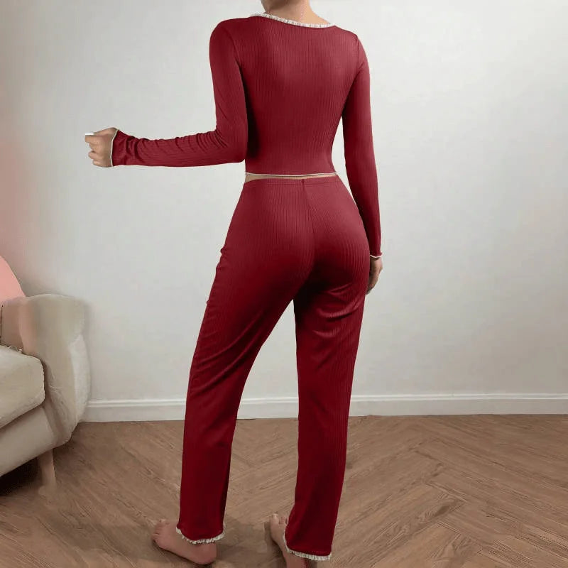 2 Pieces Pajamas Set Women Autumn Winter Sleepwear Long Sleeves T-shirt tops Trousers Female Knit Fabric Pijamas Loungewear