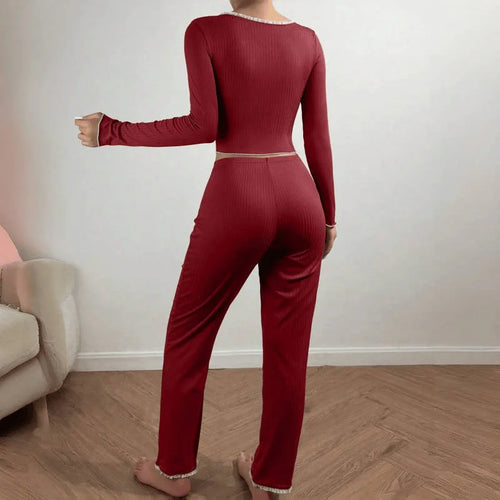 2 Pieces Pajamas Set Women Autumn Winter Sleepwear Long Sleeves T-shirt tops Trousers Female Knit Fabric Pijamas Loungewear