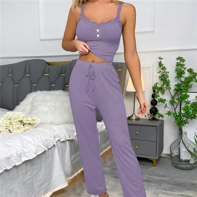 Spring Autumn Two Piece Pajamas Set for Women Sleepwear Lace Suspenders Tops and Long Trousers Sets Pijamas Loungewear